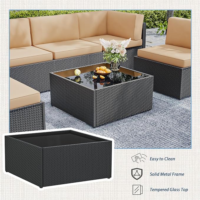 AECOJOY 7 Piece Outdoor Patio Furniture Set, Outdoor Sectional Conversation Furniture Chair with Coffee Table,Patio Sectional for Garden,Backyard(Khaki Cushions and Black PE Rattan)