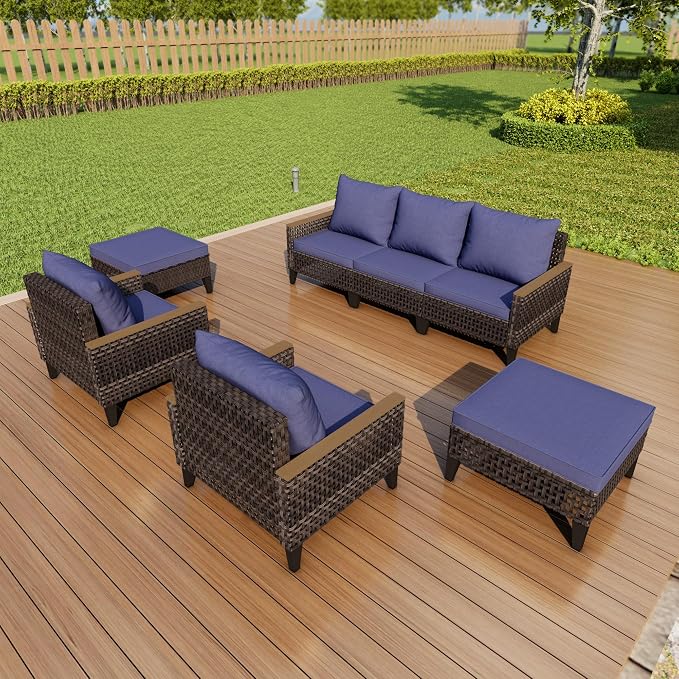 7-Piece Outdoor Patio Furniture Set, Wicker Conversation Set with Armchairs and Ottomans, Rattan Sectional Modular Sofa Couches for Porch, Poolside, Deck, Balcony, Backyard, Yard (Blue Cushions)