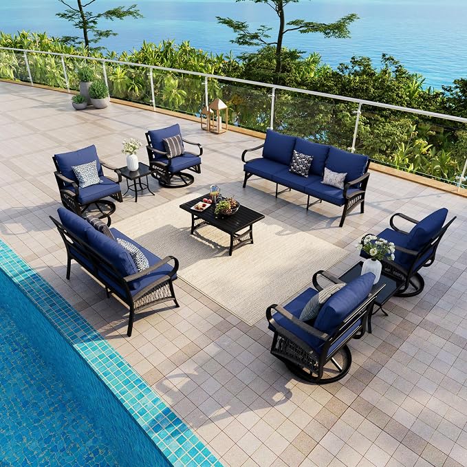 9 Pieces Patio Conversation Sets, All-Weather Metal Swivel Rocking Chairs with Rope Furniture Set, Outdoor Sofa Couch for Deck, Porch, Garden, Backyard, Poolside (Blue Cushions)