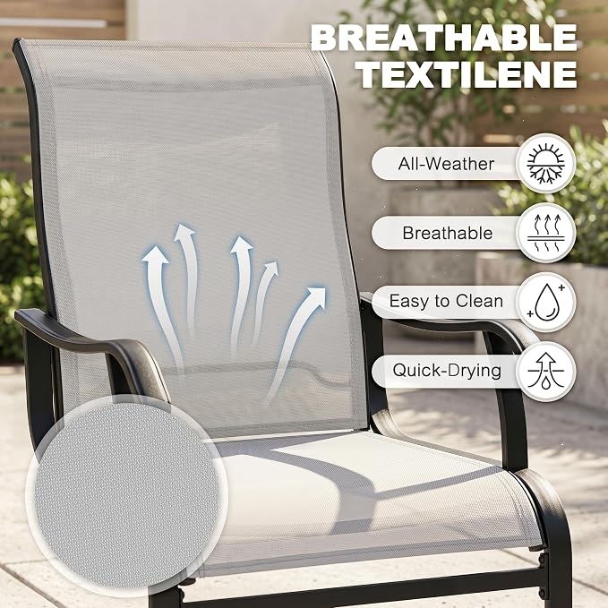 NUU GARDEN 5 Piece Patio Dining Set for 4 with C-Spring Chairs | Square table with umbrella hole and 4 breathable Textilene chairs featuring gentle C-spring motion and high-back support.