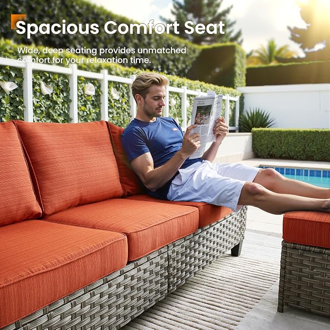 CAODOC Wicker Patio Furniture Set,8 Pieces Modern Outdoor Conversation Set Sectional Sofa with Cushion and Ottomans for Garden, Poolside, Backyard