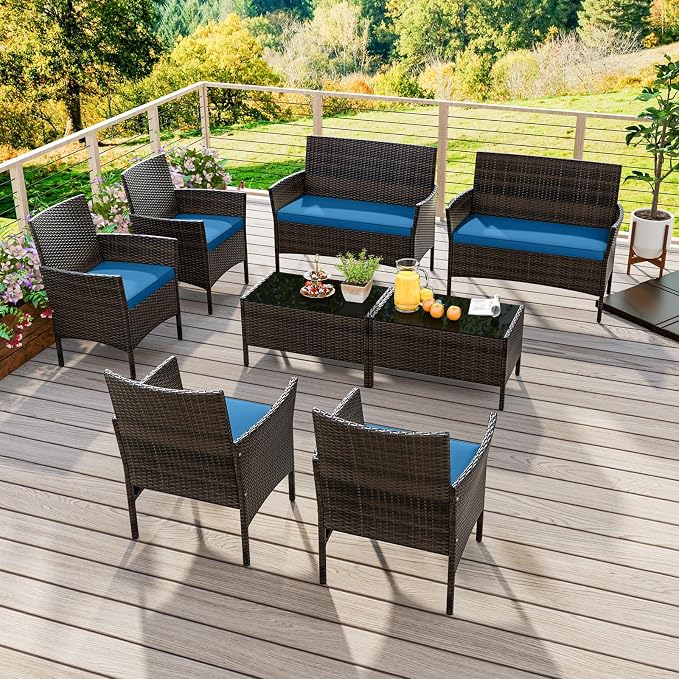 4 Piece Patio Furniture Set, Sectional Conversation Sofa Set with Glass Coffee Table, Cushions & Loveseat, Wicker Outdoor Table and Chairs for Pool, Garden, Deck, Backyard (2, Peacock Blue)