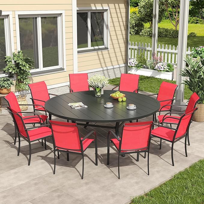 VICLLAX 11 Pieces Patio Outdoor Dining Set, 63" Round Metal Table with Umbrella Hole and 10 Stackable Textilene Chairs for Patio, Lawn, Garden, Porch, Black/Red