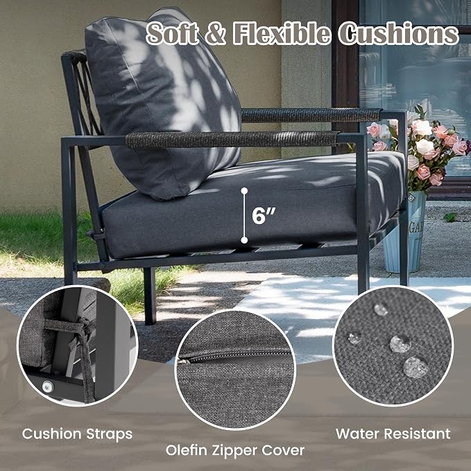 5 Pieces Rattan Outdoor Furniture Set, All-Weather Patio Conversation Set with Dark Grey Cushions and Coffee Tables for Garden, Backyard, Balcony, Poolside