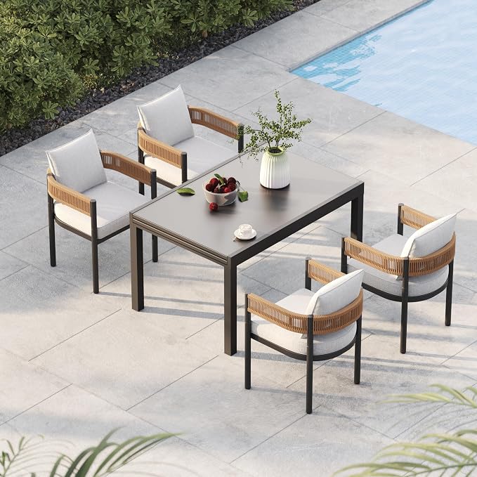Grand patio 7-Piece Expandable Table Dining Set for 6 to 10, Aluminum Outdoor Dining Table with Glass Tabletop, Metal Woven Wicker Fixed Patio Chairs with Cushions for Yard, Poolside, Deck (Natural)