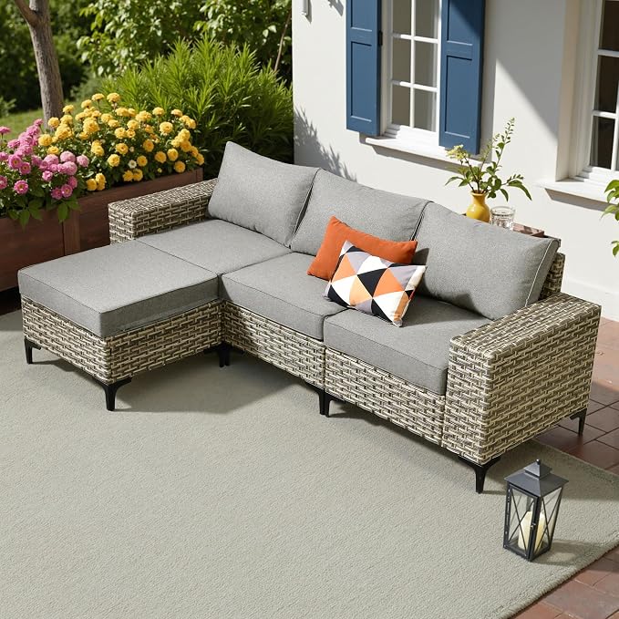 HOOOWOOO Outdoor Sectional Furniture Set,4 Pieces Wicker Patio Conversation Sets,L Shape All Weather Outside Couch Sofa with Ottoman,Charcoal Gray
