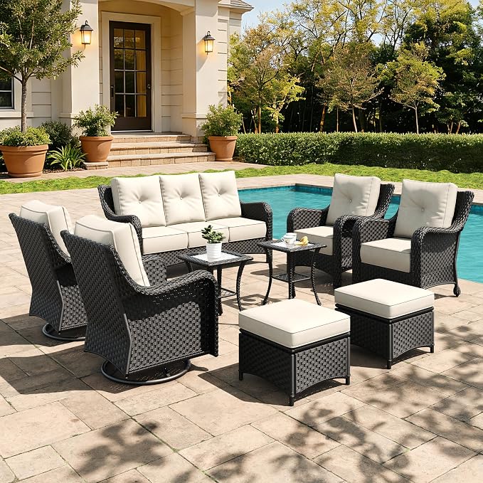 9 Pieces Outdoor Furniture Set with 6-inch Cushions, High Back Wicker Swivel Rocker Chairs with Coffee Table, Luxury Conversation Set for Deck Patio and Poolside
