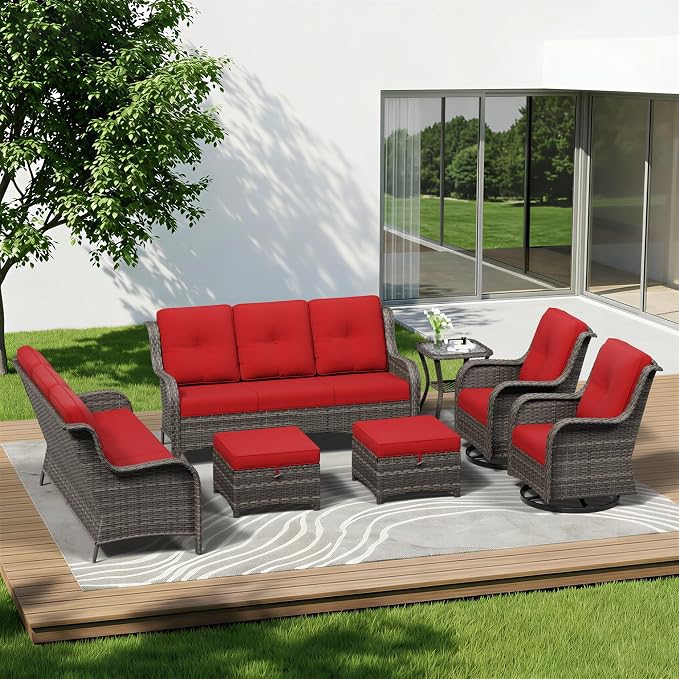 7 Piece Outdoor Wicker Patio Furniture Set, Outdoor Swivel Rocker Patio Chairs Set with Thickened Olefin Cushions, High Back and Deep Seating, Hand-Woven PE Rattan for Porch, Deck