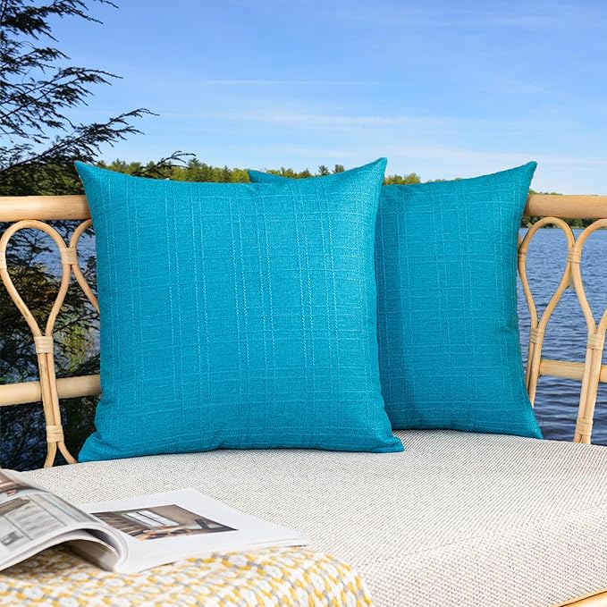 Kevin Textile Outdoor Waterproof 16”x16” Pillow Covers 2 Pack, Peacock Blue | Water Resistant, Soft Faux Linen-cotton Yarn-dyed Woven Texture Throw Pillow Covers for Tent Patio Garden Couch Sofa