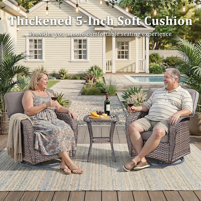 Patio Furniture Set, 6PCS Outdoor Wicker Conversation Set with 5" Thick Cushions, High Back Rattan Sofa & Swivel Rocker Chairs, Weather Resistant Olefin Fabric for Garden, Poolside Brown/Grey