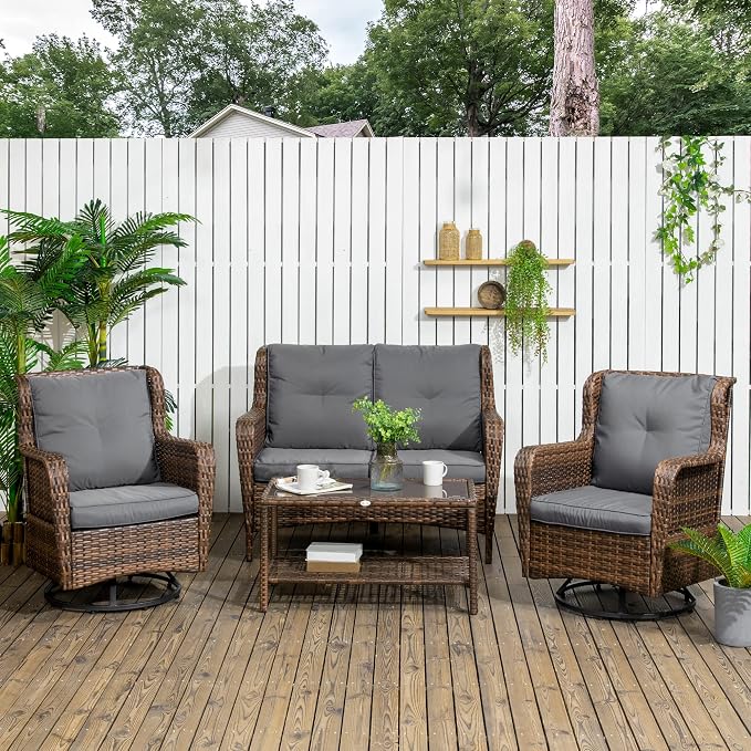 Outsunny 4 Piece PE Rattan Outdoor Patio Furniture Set, Wicker Conversation Set with 2 Swivel Glider Chairs, 2-Tier Glass Table and Loveseat for Garden, Patio, Poolside, Gray