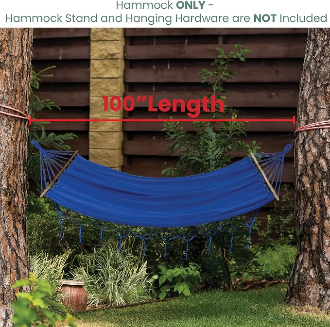 Hammock with Netted Fringe and Wooden Bars - 100" x 41" - Blue