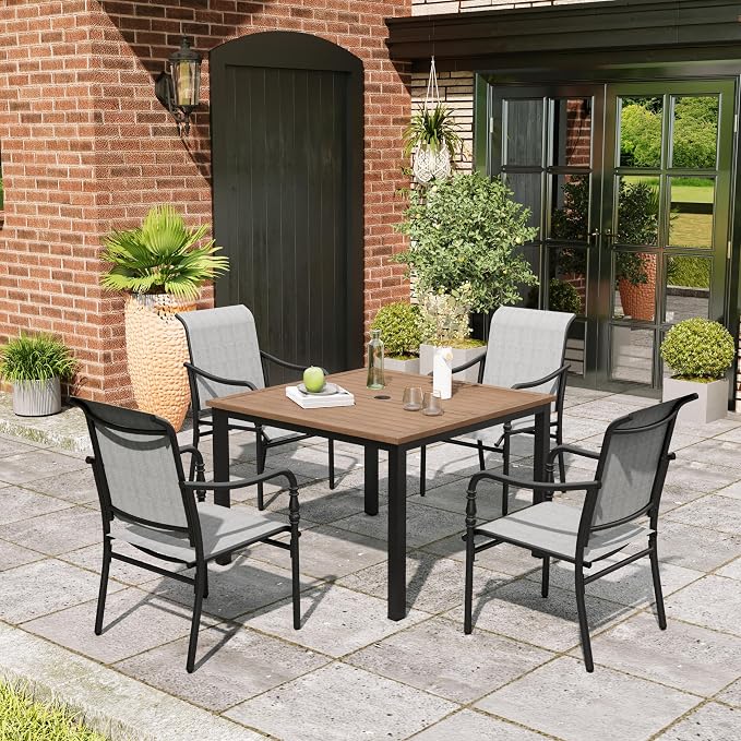 MIXPATIO 5 Piece Patio Dining Set, 4 x Textilene Dining Chairs, 42" Square Outdoor Dining Table with 1.57" Umbrella Hole, for Garden Lawn Porch and Backyard Poolside, Grey