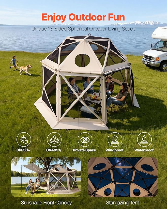 VEVOR Pop Up Gazebo Screen Tent, 12 x 12 ft Large High 13-Sided Camping Canopy Tent with Removable Top & Carry Bag, Quick Set & Bite-Proof Mesh Screen Sun Shelter for 8-10 Persons Backyard Patio