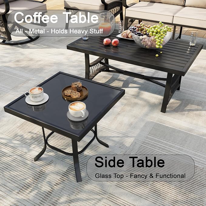 7 Pieces Outdoor Patio Conversation Sets, Outdoor Furniture Set Metal Swivel Rocking Chairs with Side Table, Loveseat Sofa Single Chairs with Coffee Table for Backyard Deck Porch Poolside, Beige
