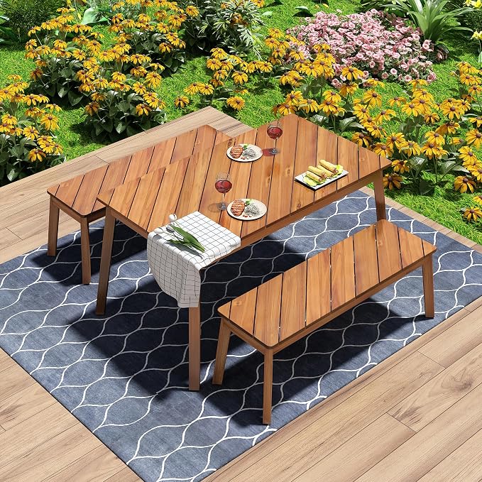 Merax Outdoor Dining Set for 4-6, 3PCS Patio Table and Bench Set, 2 Acacia Wood Diagonal Grain Patio Benches and Rectangular Dining Table, Outdoor Furniture Set for Patio, Garden, Natural