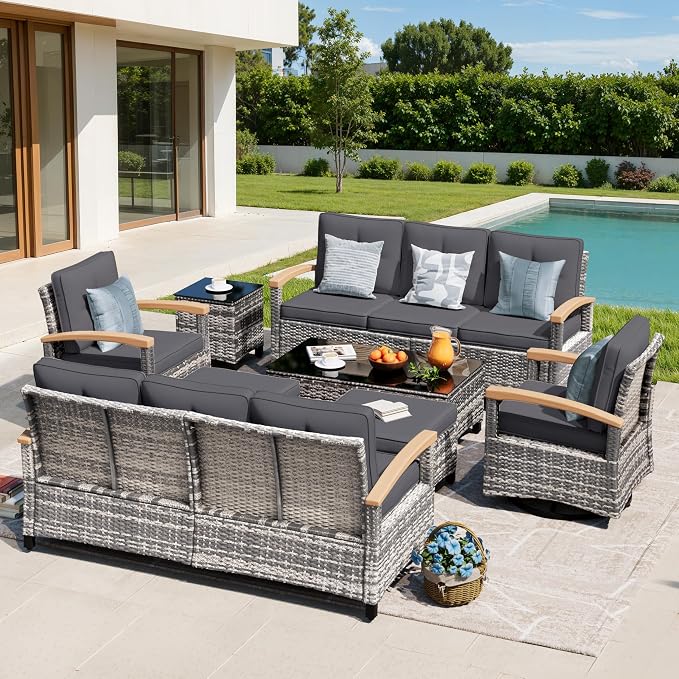 MEISSALIVVE 8 Pieces Patio Furniture Sets,Wicker Patio Conversation Sets with 2 Wood Armrests Swivel Glide Chairs, Outdoor Conversation Set for Deck Yard and Poolside (Grey)