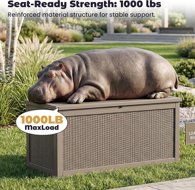 PatioZen 330 Gallon Outdoor Storage Box, Heavy Duty Resin Large Deck Box Organization for Garden Tools & Pool Accessories, Hydraulic Lift, All-Season UV-Resistant, Grey