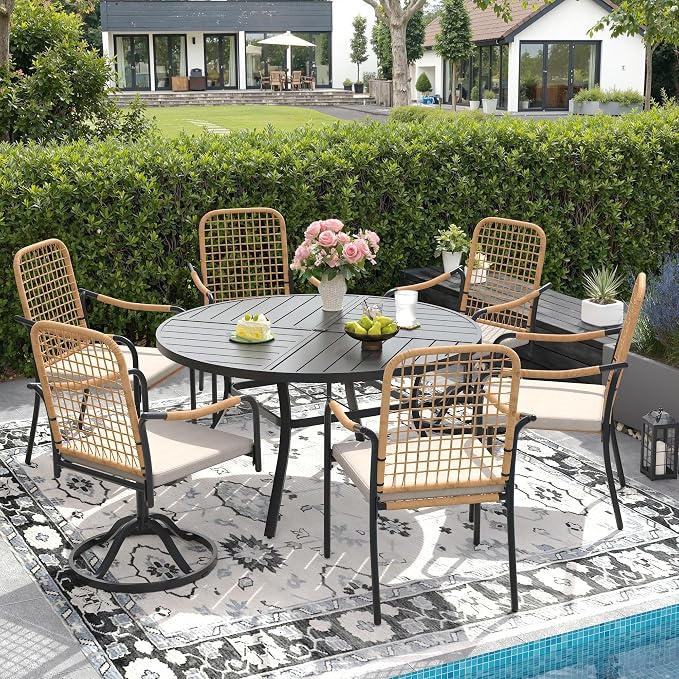 DIFY 7 Pieces Outdoor Dining Set for 6, 50" Black Round Metal Table with 4 Stackable Wicker Patio Chairs & 2 Swivel Chairs, Patio Furniture Set with Cushions and Umbrella Hole, Wheat Rattan