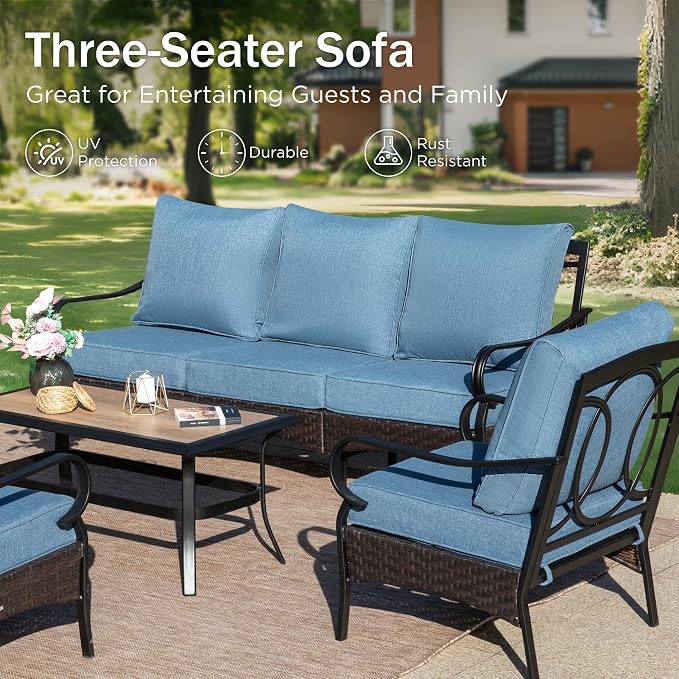 PHI VILLA Outdoor Modern Patio Furniture Set, Upgraded Wicker & Metal Patio Furniture Conversation Set with Waterproof Thick Cushions for Porch, Poolside, Yard (4 Pieces,Navy)
