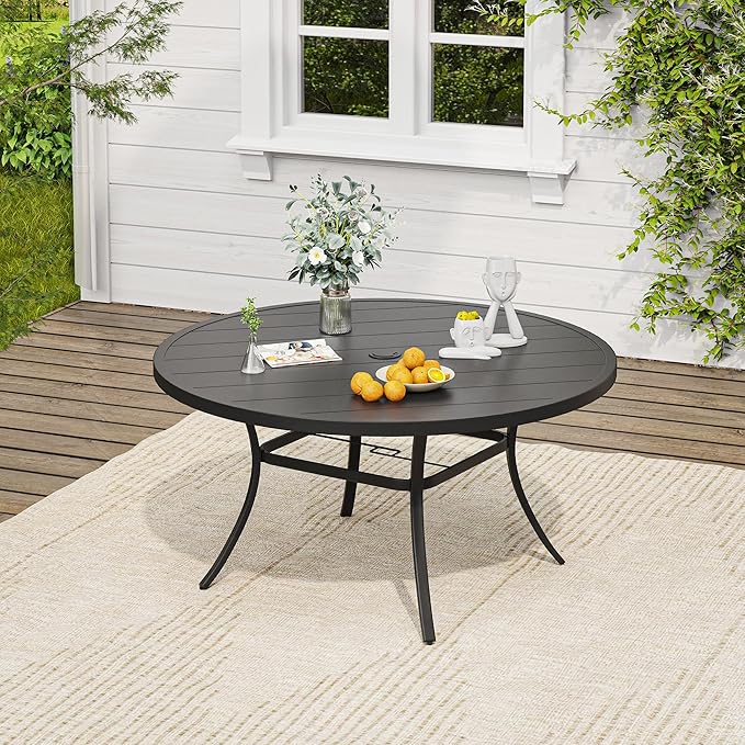 VICLLAX Outdoor Table and Chairs Set for 6, Patio Dining Set of 50 Metal Round Patio Table with Umbrella Hole & 6 Swivel Outdoor Dining Chairs for Backyard Lawn, Dark Blue & Black
