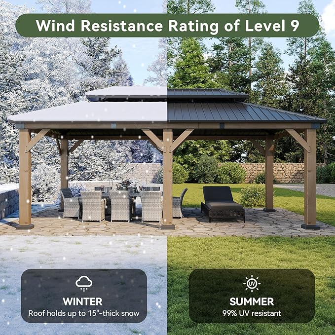 Aoxun 12' x 20' Outdoor Wood Gazebo, Hardtop Gazebo with Galvanized Steel Roof, Permanent Wooden Pavilion with Ceiling Fan, for Backyard, Cedar Wood, Grey