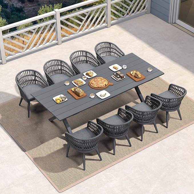 PURPLE LEAF Outdoor Dining Set All-Weather PE Rattan Outdoor Patio Dining Furniture Set with All Aluminum Frame Rectangular Table and 8 Chairs Set for Lawn Garden Backyard Deck, Grey
