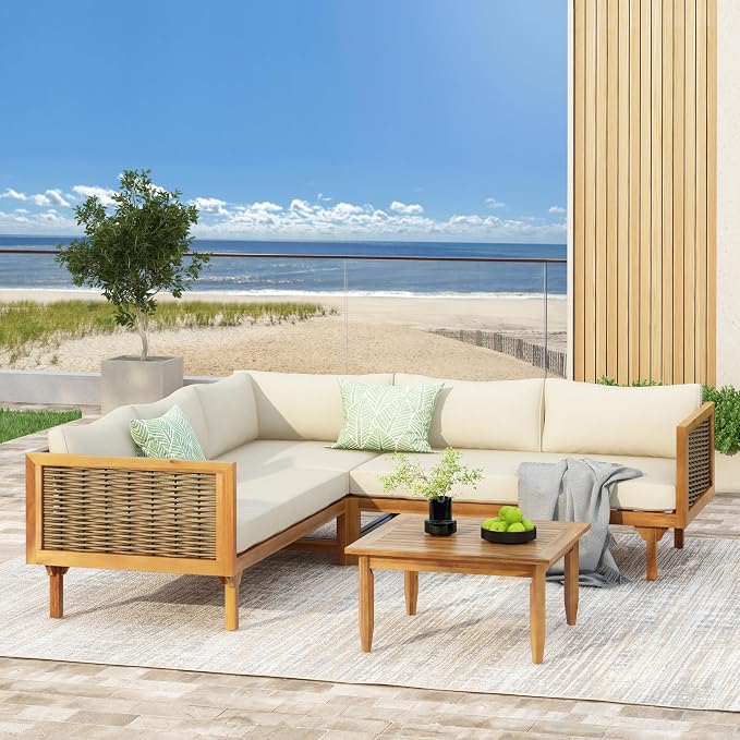 LUMISOL 4-Piece Outdoor Acacia Wood Sofa Set with Water Resistant Cushions, All Weather Patio Conversation Set with Coffee Table for Garden, Backyard, Poolside, Teak+Beige
