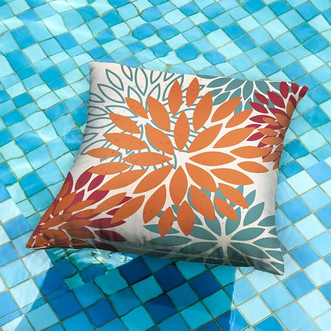 DFXSZ Outdoor Waterproof Pillow Covers 16x16 Set of 2 Orange Teal Flower | Spring Summer Waterproof Flower Throw Pillowcases（No Inserts）Outdoor Decor for Fall Patio Funiture Garden Polyester Covers