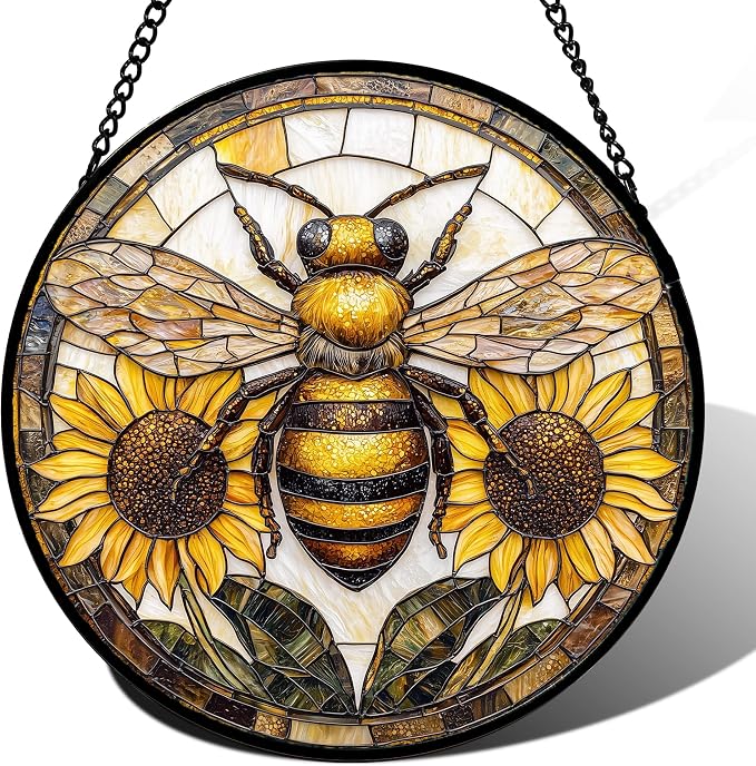 DASTOLL Stained Glass Window Hanging - Bee Sunflower Yellow Suncatcher Ready to Hang Window Doors Home Decoration and Christmas, Mother's Day Birthday Gifts for Women, Men, and Mom 14.9x14.9 in