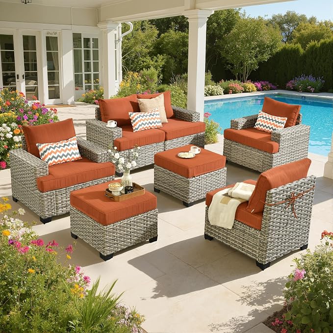 Outdoor Sectional Patio Furniture Set,7 Pieces All Weather Rattan Wicker Conversation Sets,Out Door Furniture with Ottoman Single Chair,Orange Red