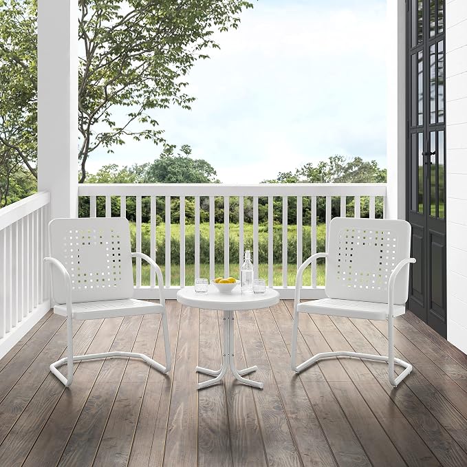 Crosley Furniture Bates 3-Piece Outdoor Chair and Side Table Set, Retro Metal Bistro Patio Conversation Sets, White Gloss and White Satin