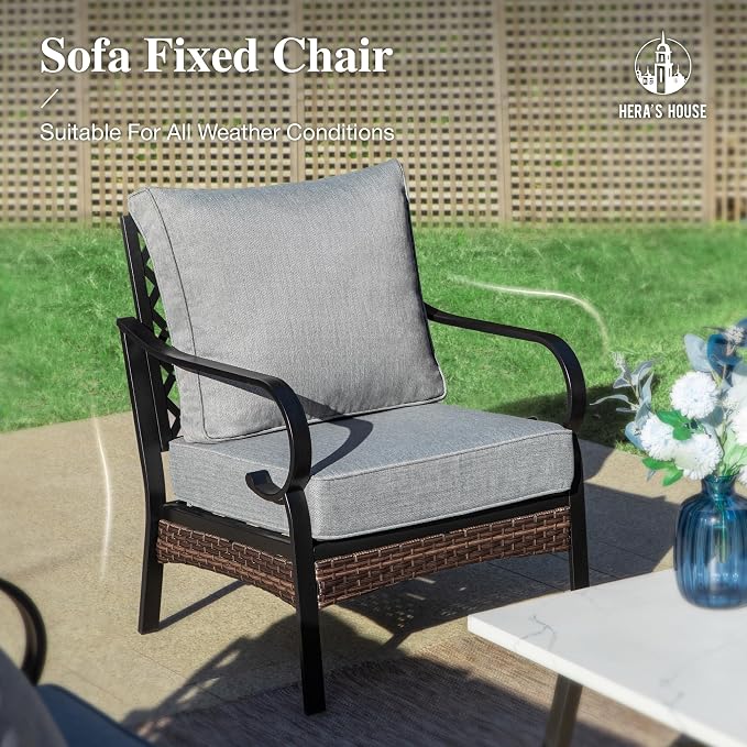 HERA'S HOUSE 4 Piece Metal Patio Furniture Set, All Weather Outdoor Conversation Set with 3 Seat Sofa, 2 x Cushioned Fixed Chair & Coffee Table, Seats 5 for Backyard, Garden, Deck, Grey