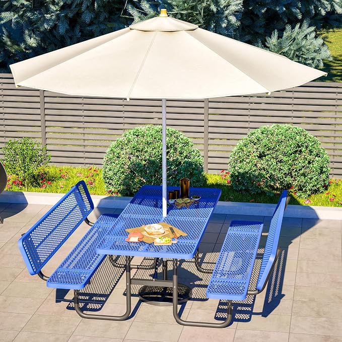 72" Heavy-Duty Iron Mesh Picnic Table Set with Backrest Blue | 1.73'' Umbrella Hole, Commercial-Grade Outdoor Table for Patio, Garden or Park–Rust-Resistant, Heat-Proof, All-Season Use