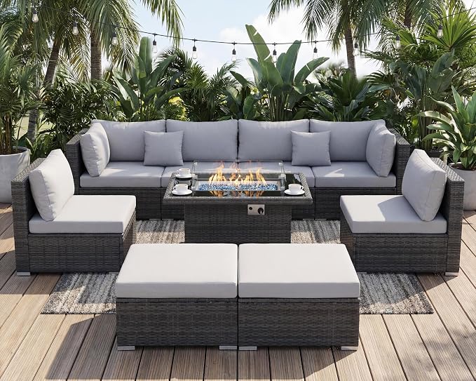 NICESOUL 29.3'' High Back Outdoor Patio Conversation Set with Firepit Natural Gas Propane Convertible, Plus Size Modular Wicker Furniture Couches, 9 Piece Modern Deep Wide Sectional Sofa, Light Gray