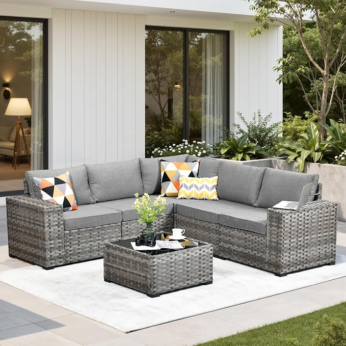 6 Pieces Patio Furniture Set, Wicker Outdoor Sectional Sofa with Coffee Table Comfy Cushions,Modern Modular Deep Seat Rattan Couch Conversation Set for Backyard Porch Yard,Dark Grey