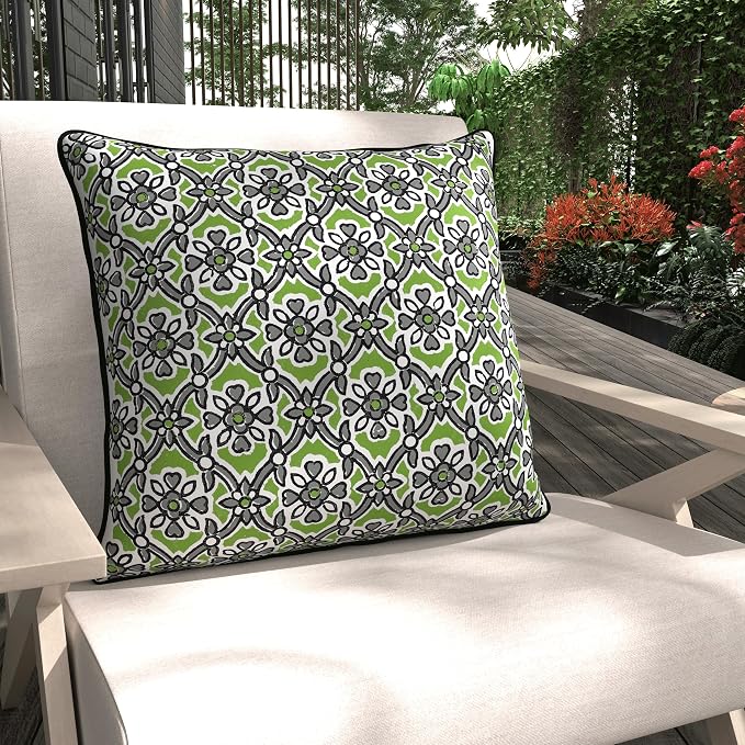 Edie At Home Antique Tile Print Square Decorative Throw Pillow for Patio Furniture, Sofa, Chair, or Bedroom, Reversible, Indoor and Outdoor Collection, 18 x 18 inches, Leaf Green/Black
