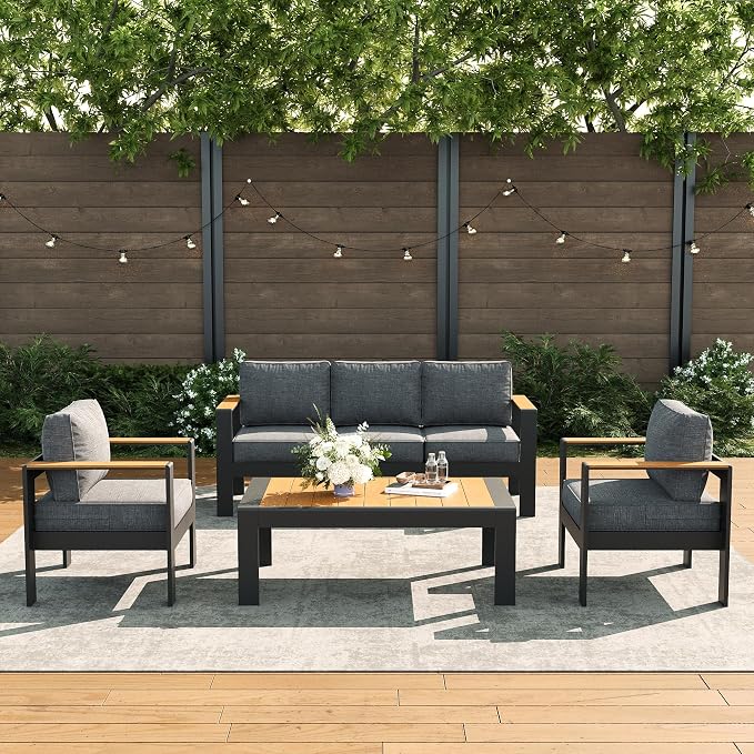 LayinSun 4 Piece Aluminum Outdoor Furniture Set with Coffee Table, Outside Patio Deep Seating Conversation Set with Upgraded Washable Thick Cushion