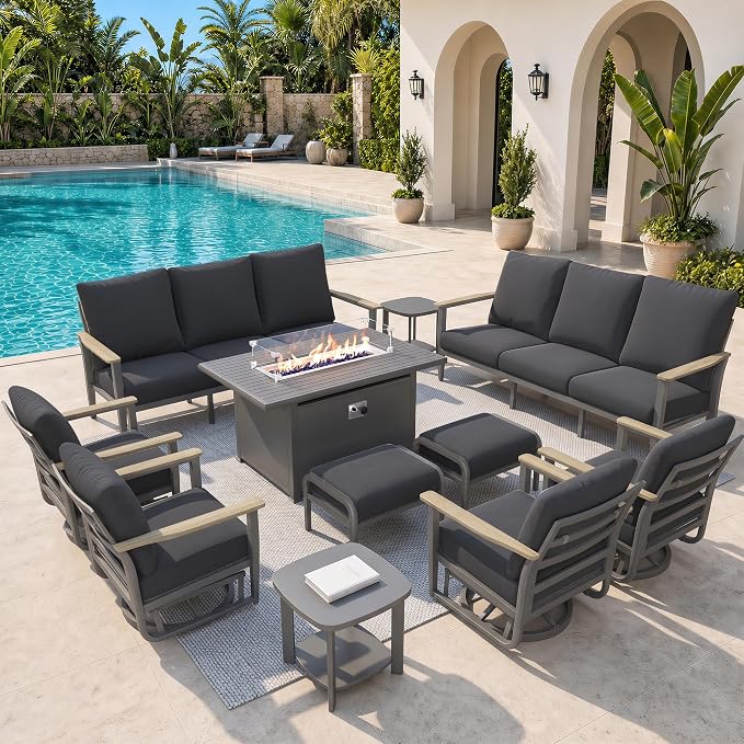 Aluminum Outdoor Patio Furniture Set, 11-Piece Sectional Sofa with 5.1" Thick Cushions, Swivel Rocking Chairs, 55,000 BTU Fire Pit Table, Outdoor Couch for Backyard, Deck, Black