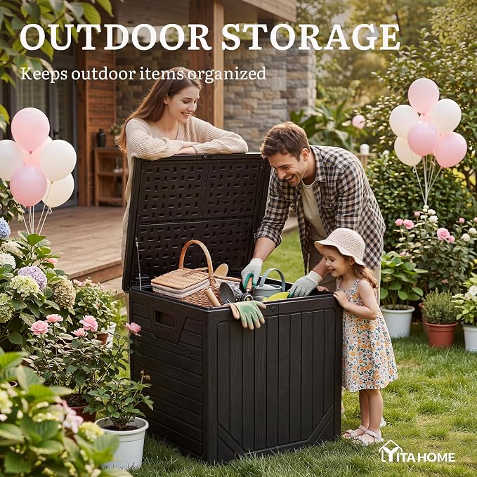 YITAHOME 150 Gallon Large Outdoor Deck Box, Lockable Resin Double-Wall Storage Box and Waterproof Patio Furniture Bin for Garden Tools & Pool Accessories, Black