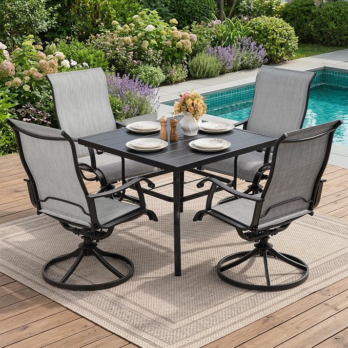 NUU GARDEN 5-Piece Patio Dining Set with Umbrella Hole, 4 High-Back All-Weather Textilene Swivel Chairs, Outdoor Furniture for Backyard, Poolside and Lawn, Black and Light Gray