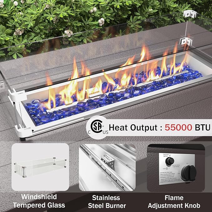 ALAULM Aluminum Patio Furniture Set with Propane Fire Pit Table 5-seat Metal Outdoor Furniture w/Fire Pit Sectional Sofas w/5.1" Cushions for Patio, Backyard, Poolside-Black