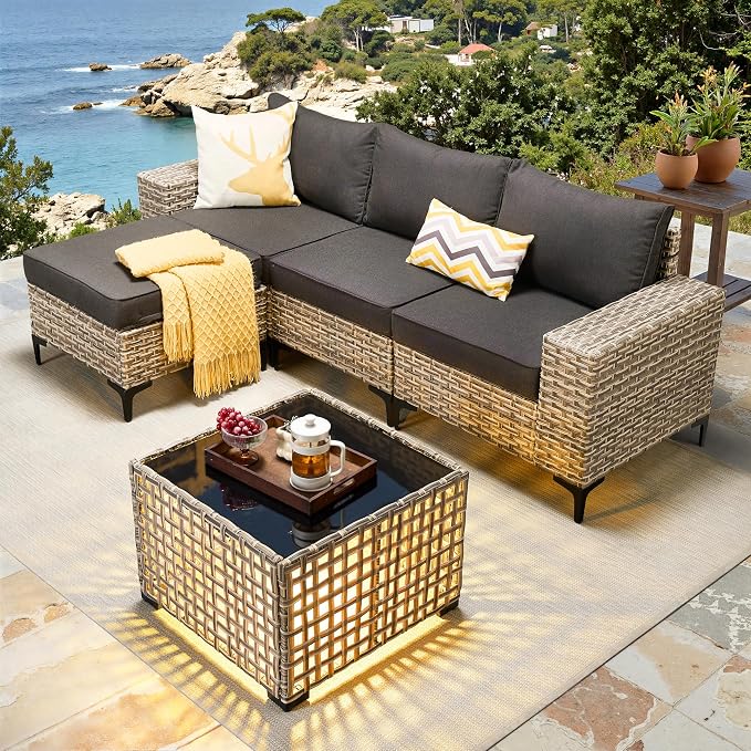 Patio Furniture Set, 5 Pieces Outdoor Wicker Conversation Sets with Coffee Table Outdoor Sectional Sofa for Balcony Backyard Poolside Garden Lawn (Black)