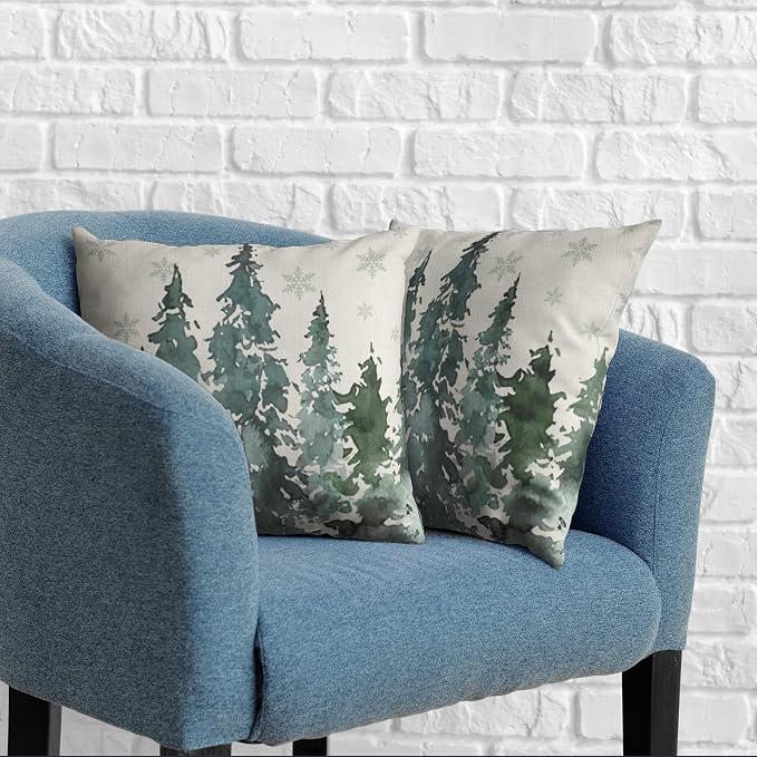 Watercolor Pine Tree Throw Pillow Covers 22x22 Set of 2 Winter Rustic Nature Forest Outdoor Pillow Covers Misty Forest Woodland Cotton Linen Pillow Case for Couch Outdoor Living Room