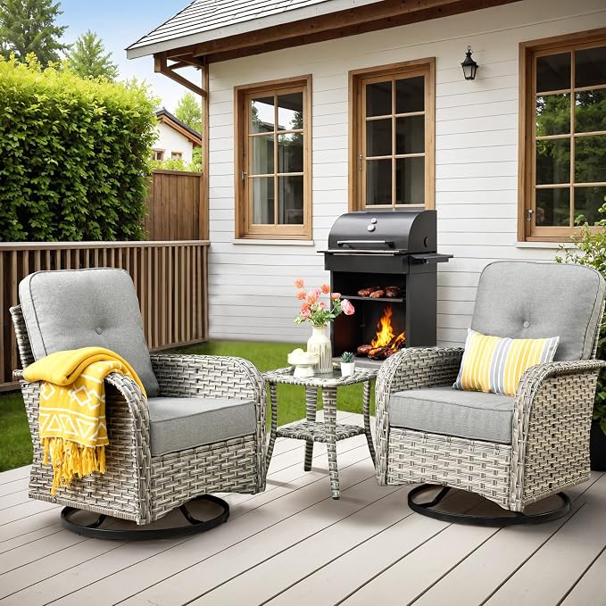 Outdoor Swivel Rocker Patio Chairs,Wicker Glider Swivel Rocking Chair Set of 2,Patio Rocking Swivel Chair Set with Rattan Side Table,Dark Gray