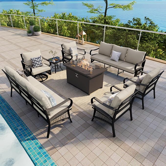 8-Piece Outdoor Furniture Set, Metal Swivel Rocking Chairs with All-Weather Cushions, Patio Conversation Set with Fire Pit Table for Deck, Porch, Garden, Backyard, Poolside (Beige Cushions)