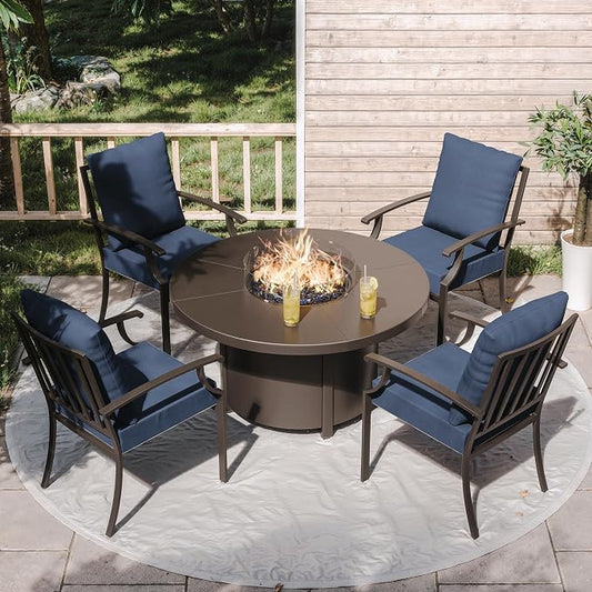 ALAULM 5-Piece Outdoor Dining Set for 4 Metal Outdoor Patio Furniture with 40000 BTU Round Fire Pit Table for Patio, Backyard, Garden-DarkBlue