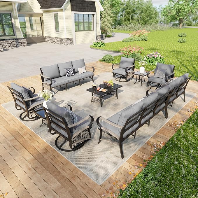 10 Pieces Patio Furniture Set, Metal Outdoor Conversation Sets with Swivel Chairs, Modern Couch Sofa Seating Group with Coffee Table and Side Table (Thick Gray Cushions)