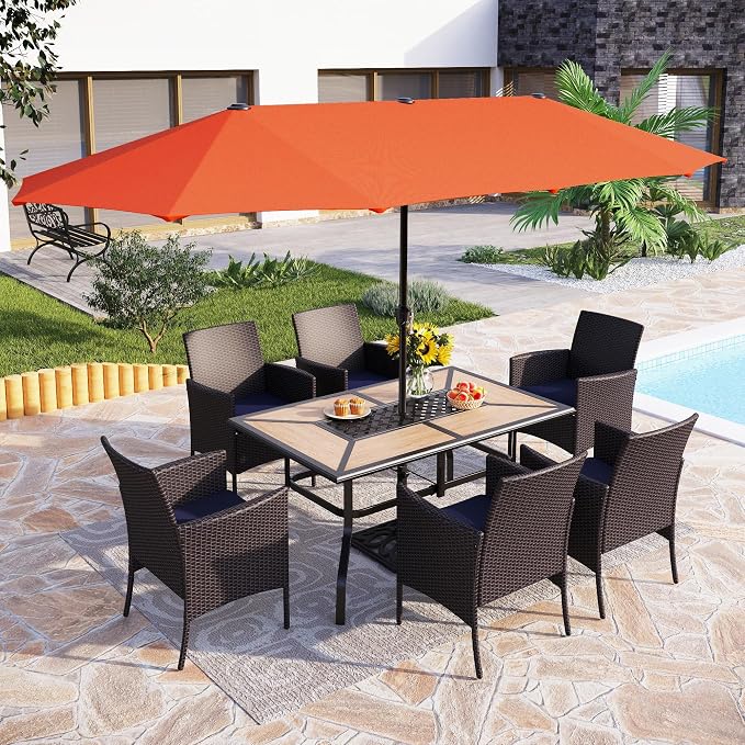 PHI VILLA 7pc Patio Dining Set w/Umbrella, Wood-top Table, Rattan Chairs | Outdoor Dining Set for 6, Metal Dining Table & 6 Cushioned Rattan Chairs with Red Umbrella for Outdoor, Deck, Yard, Porch