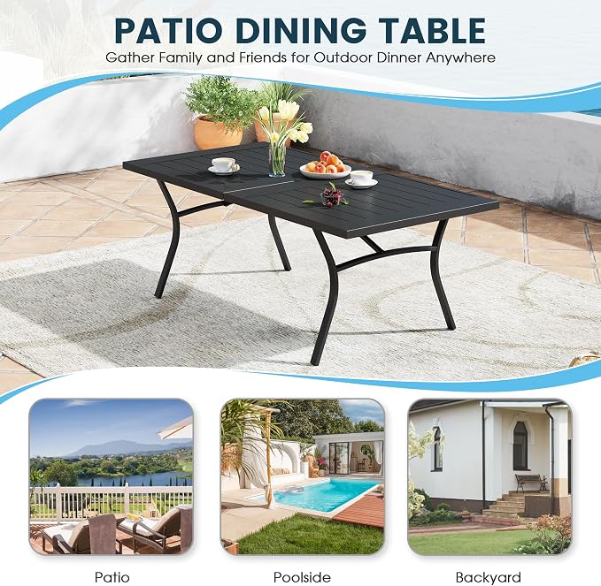 9 Pieces Patio Dining Set, 71" Rectangular Dining Table with Umbrella Hole, 8 Stackable Textilene Fabric Chairs, Metal Structure for Patio, Porch, Garden(Grey Table, Grey Chair)
